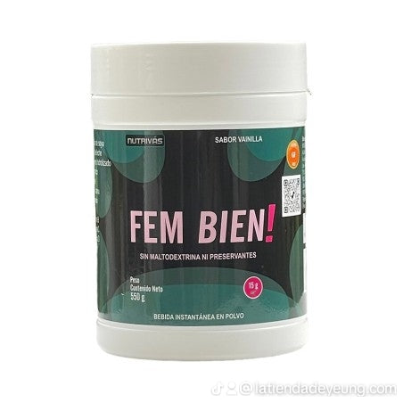 Fem Bien en Polvo x 550 g - Nutrivás
Fem Bien! de Nutrivas contiene camu camu que ayuda a fortalecer el sistema inmunológico junto con el magnesio, la vitamina C, B y D. Favorece a mantener el cuerpo en la estructura muscular adecuada con la presencia del